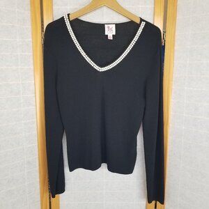 Pink Poodle Black Pearl Trim Sweater Size Medium Stretch Knit